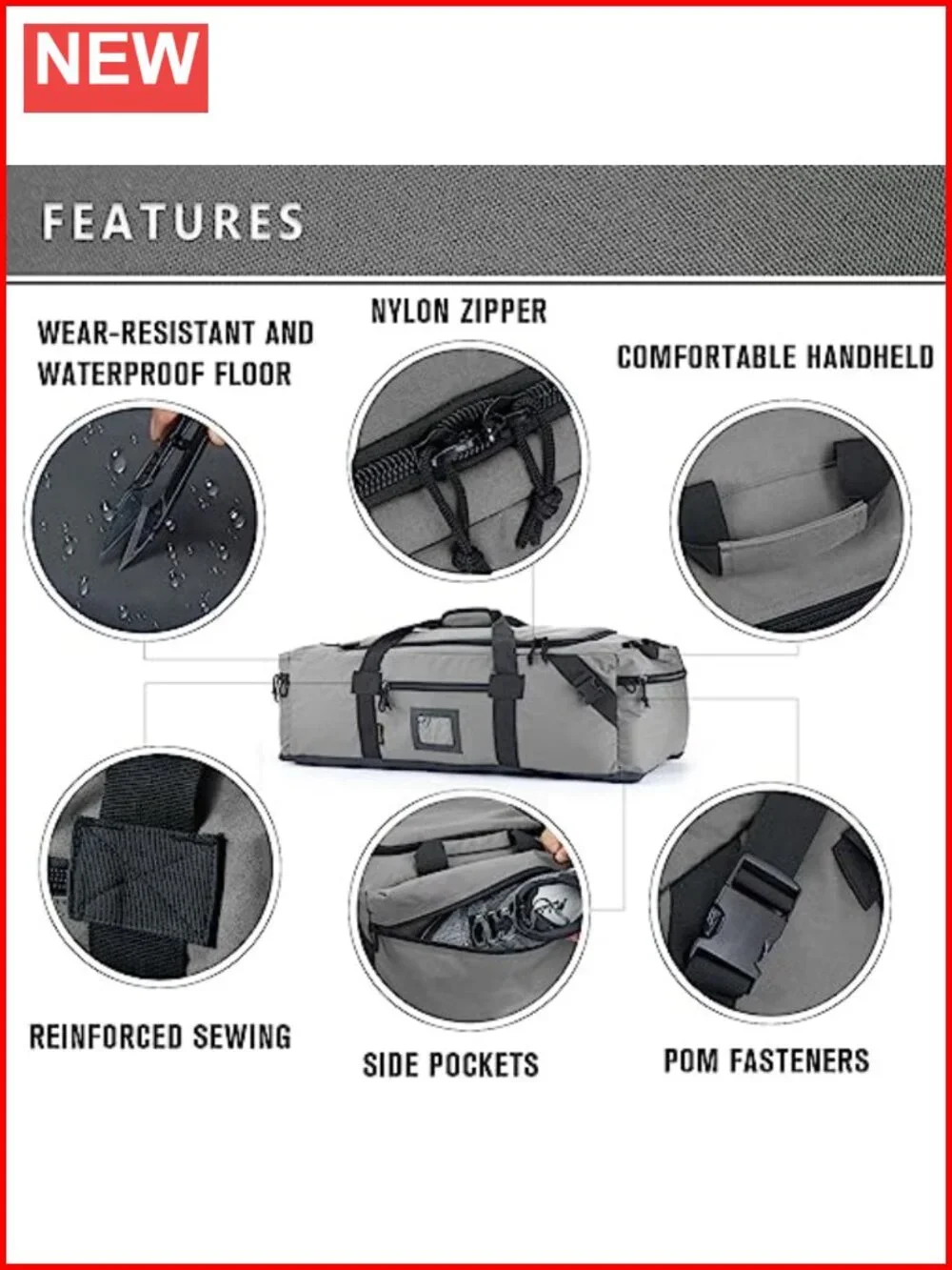 Large Duffel Bag for Travel, Gym & Sports - Water Repellent Polyester, Shoe